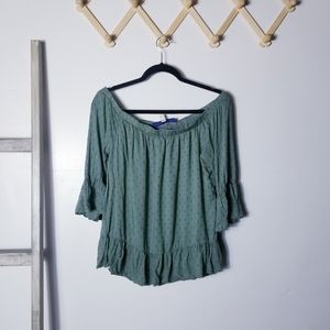 BLUE RAIR OFF THE SHOULDER GREEN BLOUSE SIZE LARGE